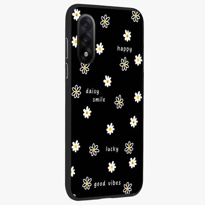 Good Vibes Daisy Black Pattern Glass Case for 1+Nord 5 side perspective highlighting playful daisy detailing and smooth edges