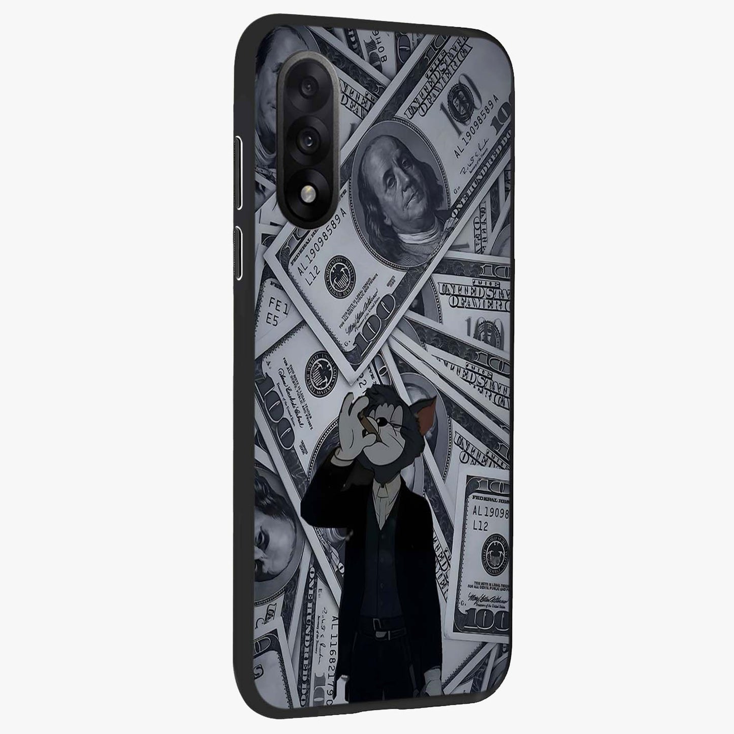 Greedy Fortune Cat Glass Case for 1+Nord 5 side perspective highlighting playful textures and smooth edges