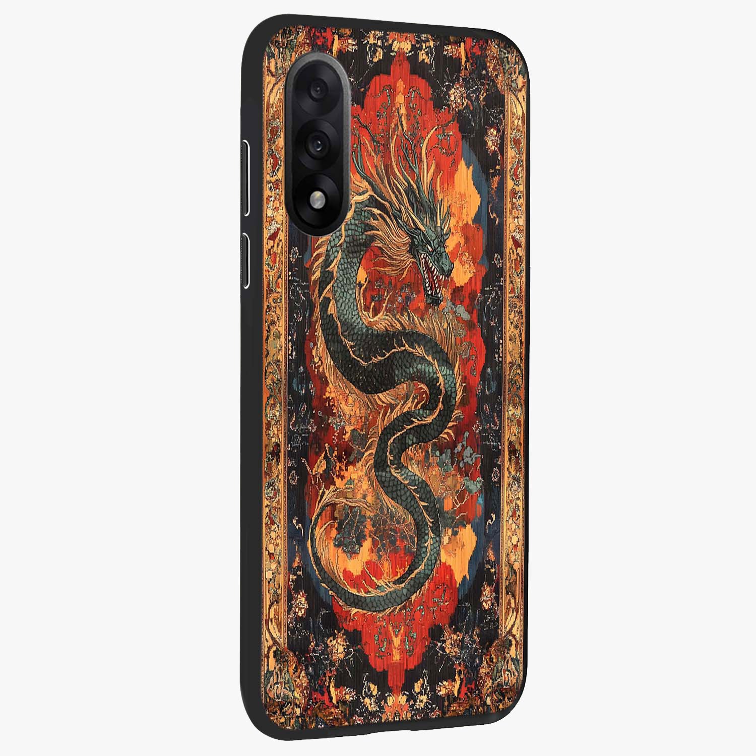 Inferno Dragon Soul Glass Case for 1+Nord 5 displayed upright for powerful mythical visibility and premium finish.