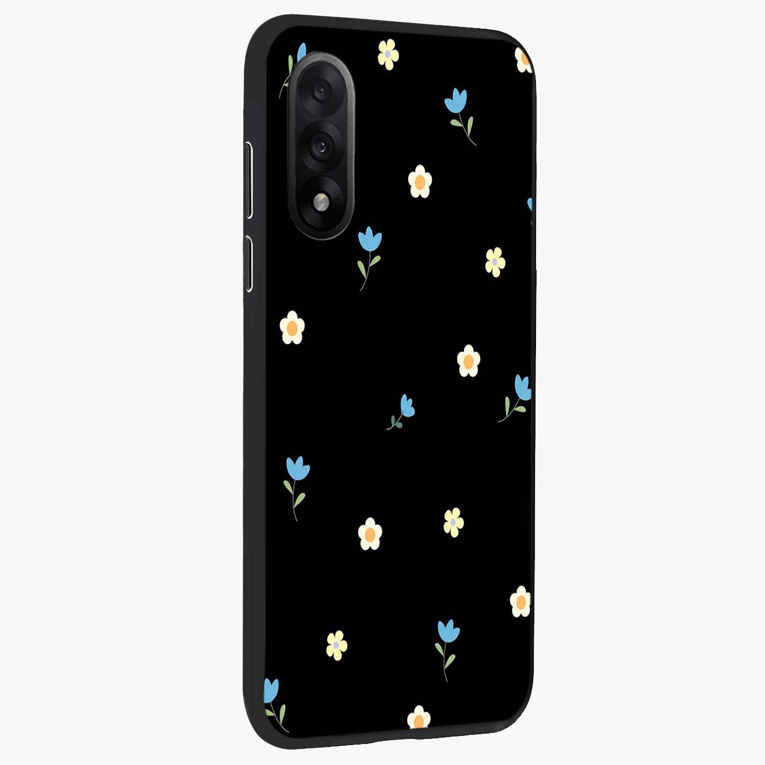 Minimalistic Blue With White Flower Pattern Glass Case for 1+Nord 5 side perspective highlighting subtle floral textures and premium edges