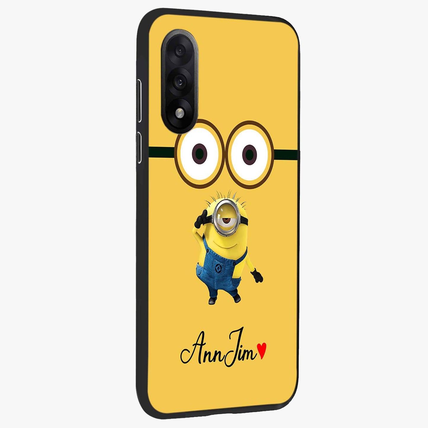 Minion Custom Name Glass Case for 1+Nord 5 side perspective highlighting custom typography and smooth premium build