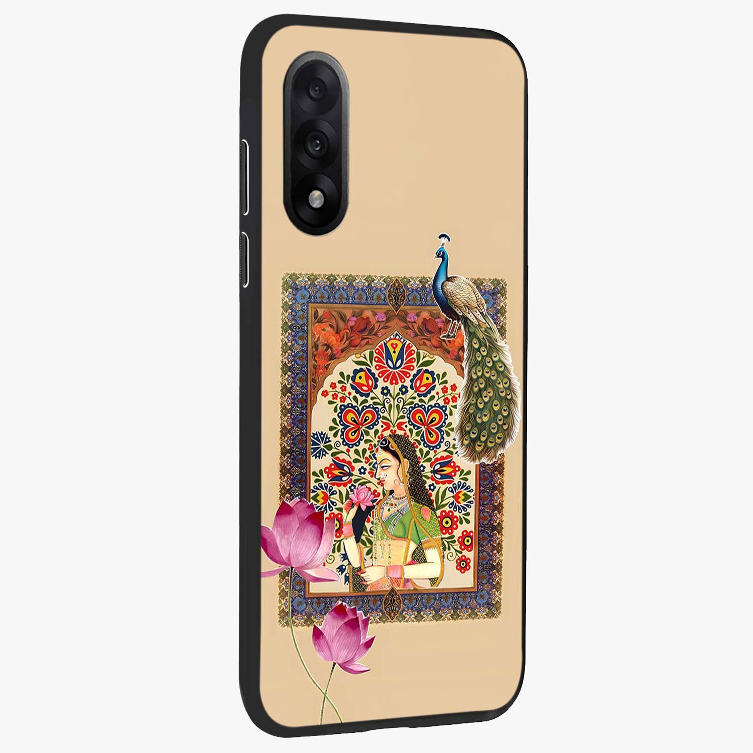 Mughal Princess and Peacock Glass Case for 1+Nord 5 side perspective highlighting detailed cultural textures and smooth premium build
