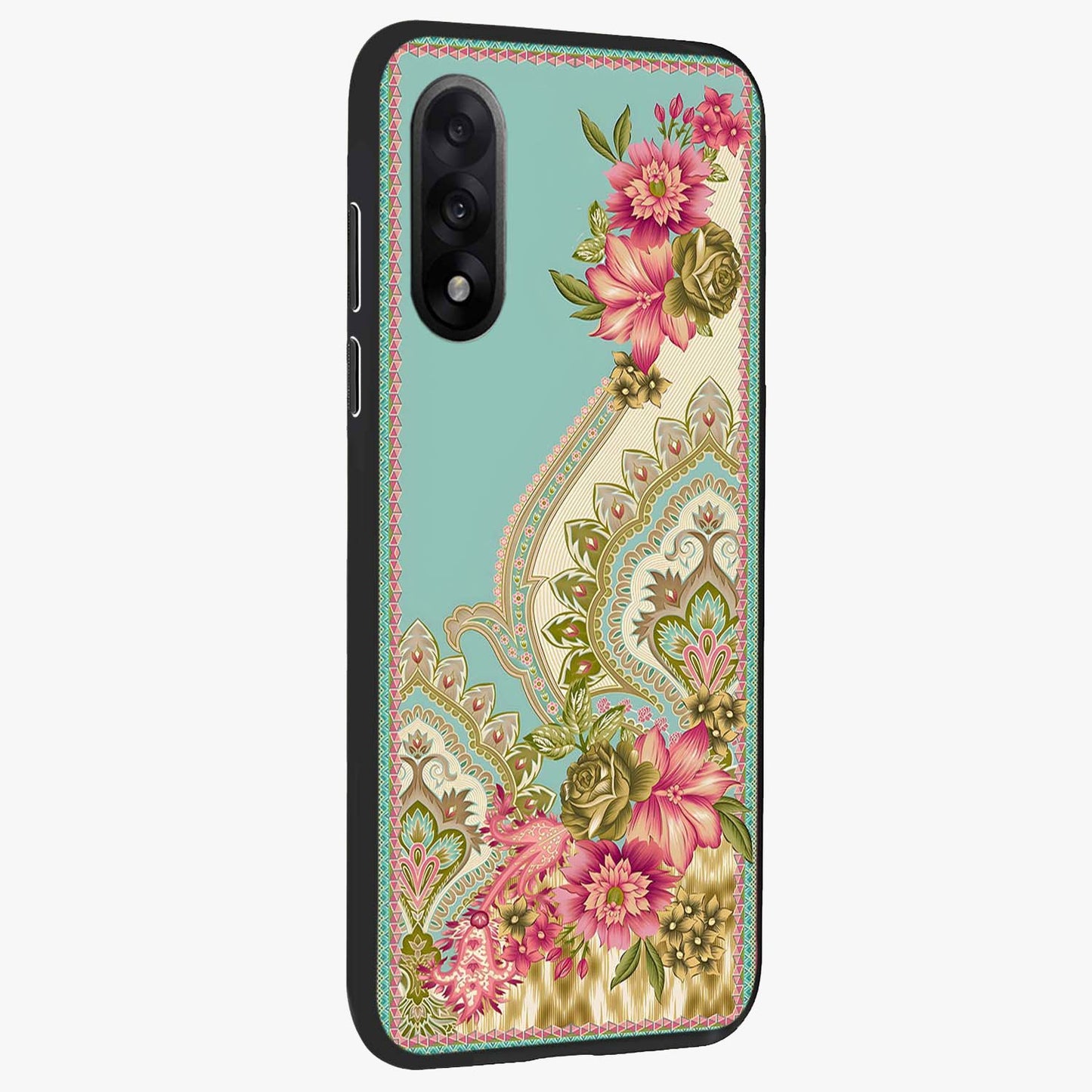 Ornate Mughal Floral Pattern Glass Case for 1+Nord 5 side perspective highlighting detailed ornamental textures and sleek build