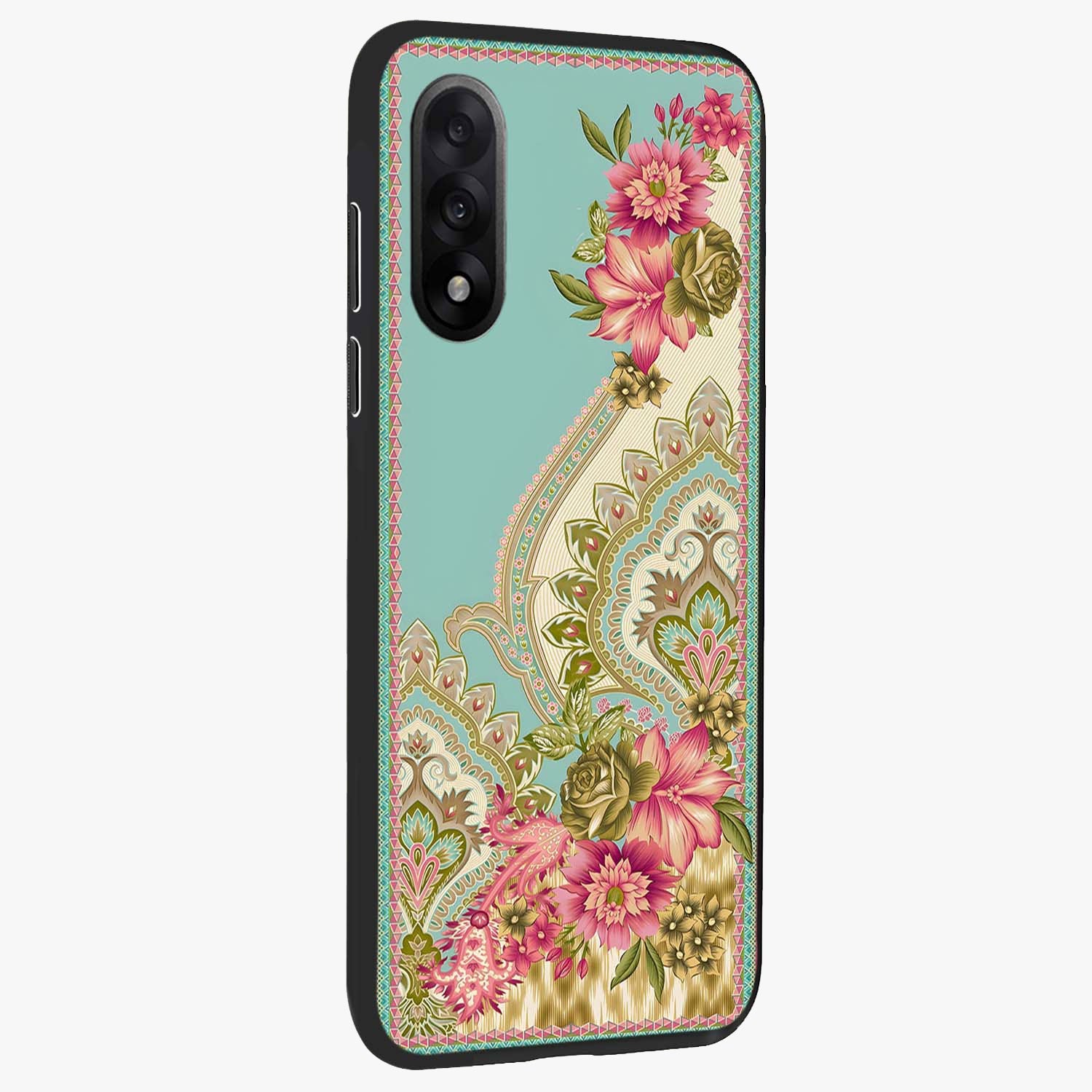 Ornate Mughal Floral Pattern Glass Case for 1+Nord 5 side perspective highlighting detailed ornamental textures and sleek build