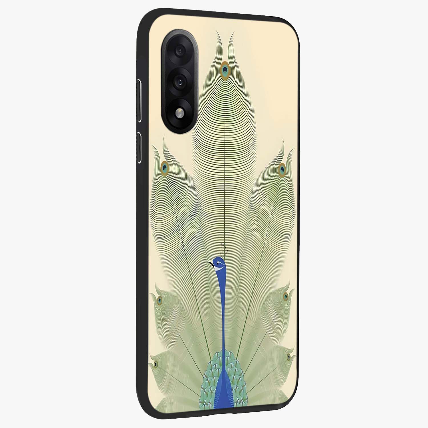 Peacock Feather Grace Glass Case for 1+Nord 5 side perspective highlighting intricate plume textures and premium edges
