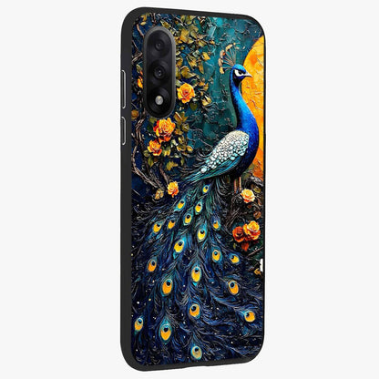 Peacock With Yellow Moon Glass Case for 1+Nord 5 side perspective highlighting vibrant plumage detailing and premium edges