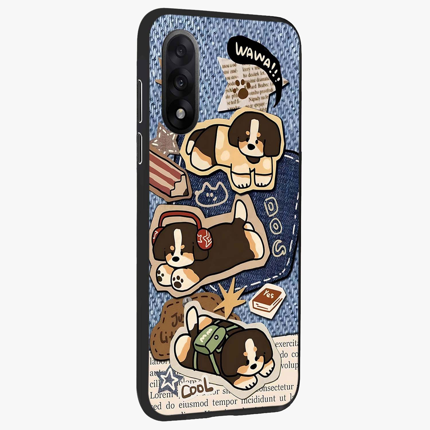 Puppy Sticker Parade Glass Case for 1+Nord 5 side perspective highlighting fun sticker textures and premium edges