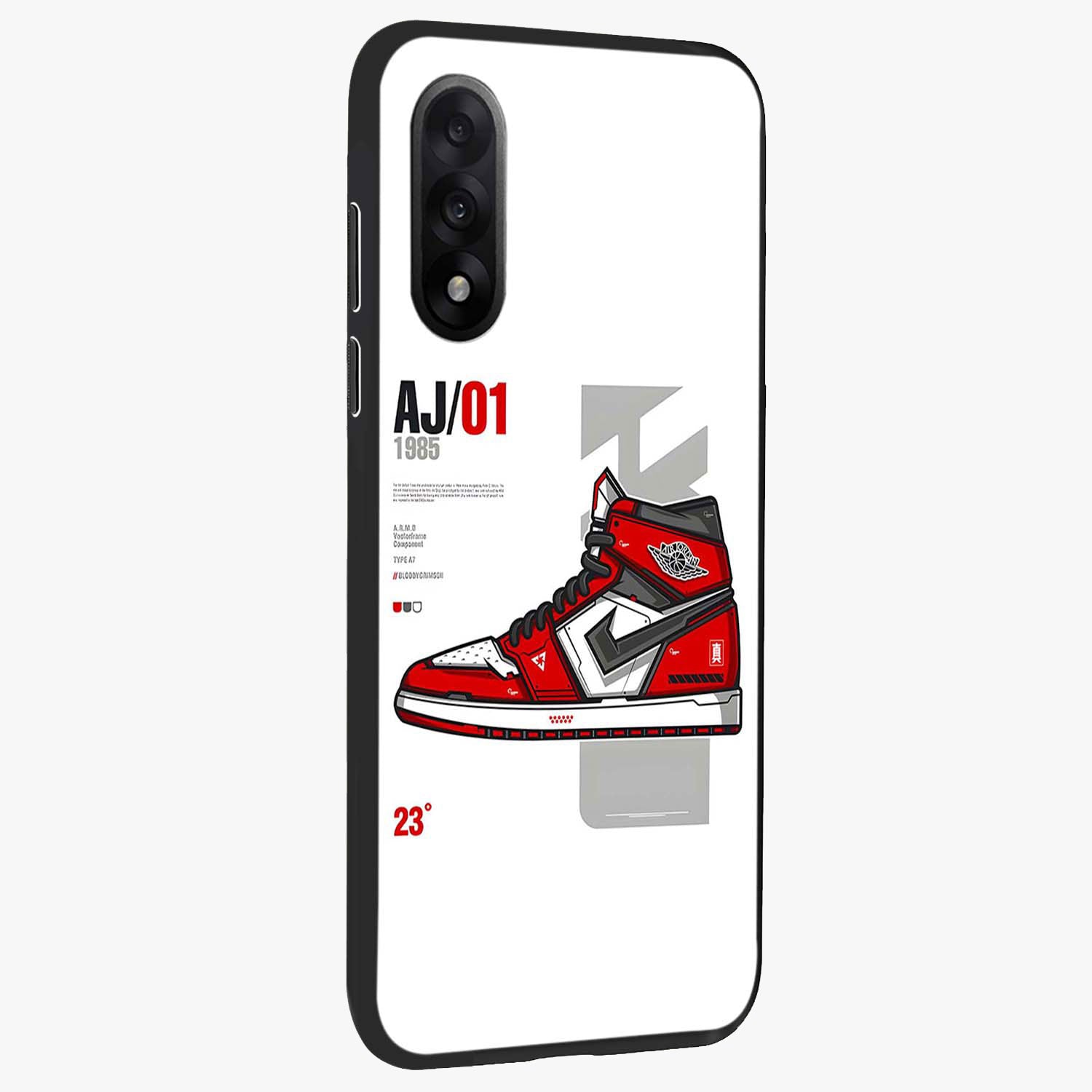 Retro Sneaker Blueprint Glass Case for 1+Nord 5 side perspective highlighting sharp graphic textures and sleek build