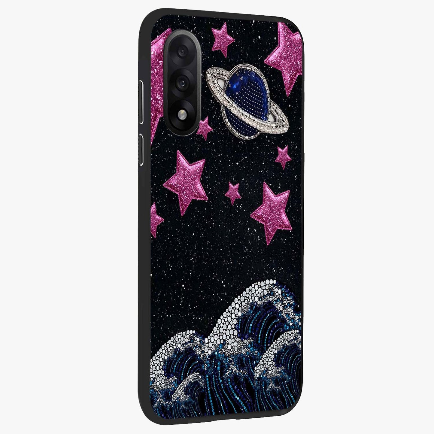 Saturn Pink Storm Glass Case for 1+Nord 5 side perspective highlighting planetary textures and premium edges