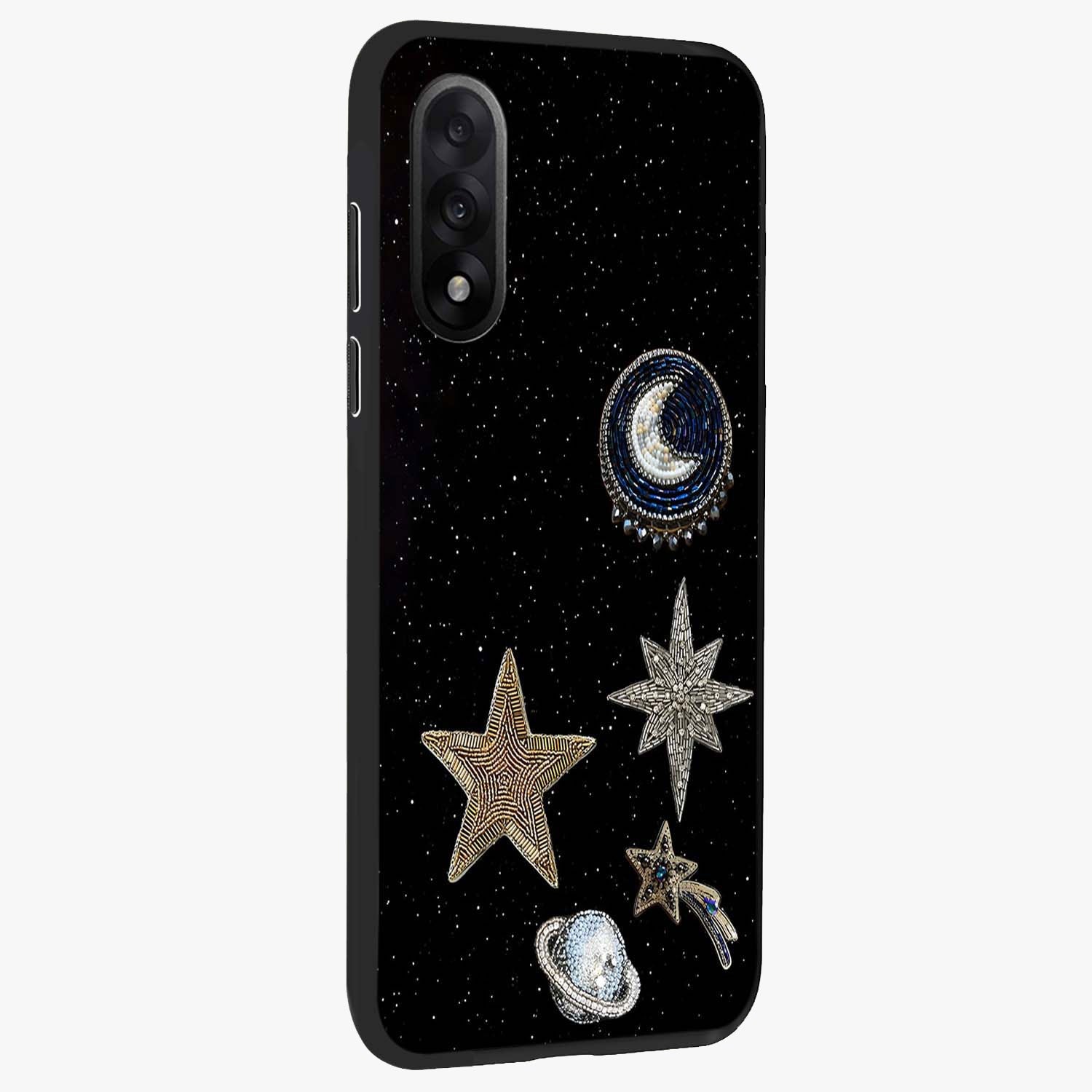 Starlit Cosmic Dreams Glass Case for 1+Nord 5 side perspective highlighting luminous textures and premium edges