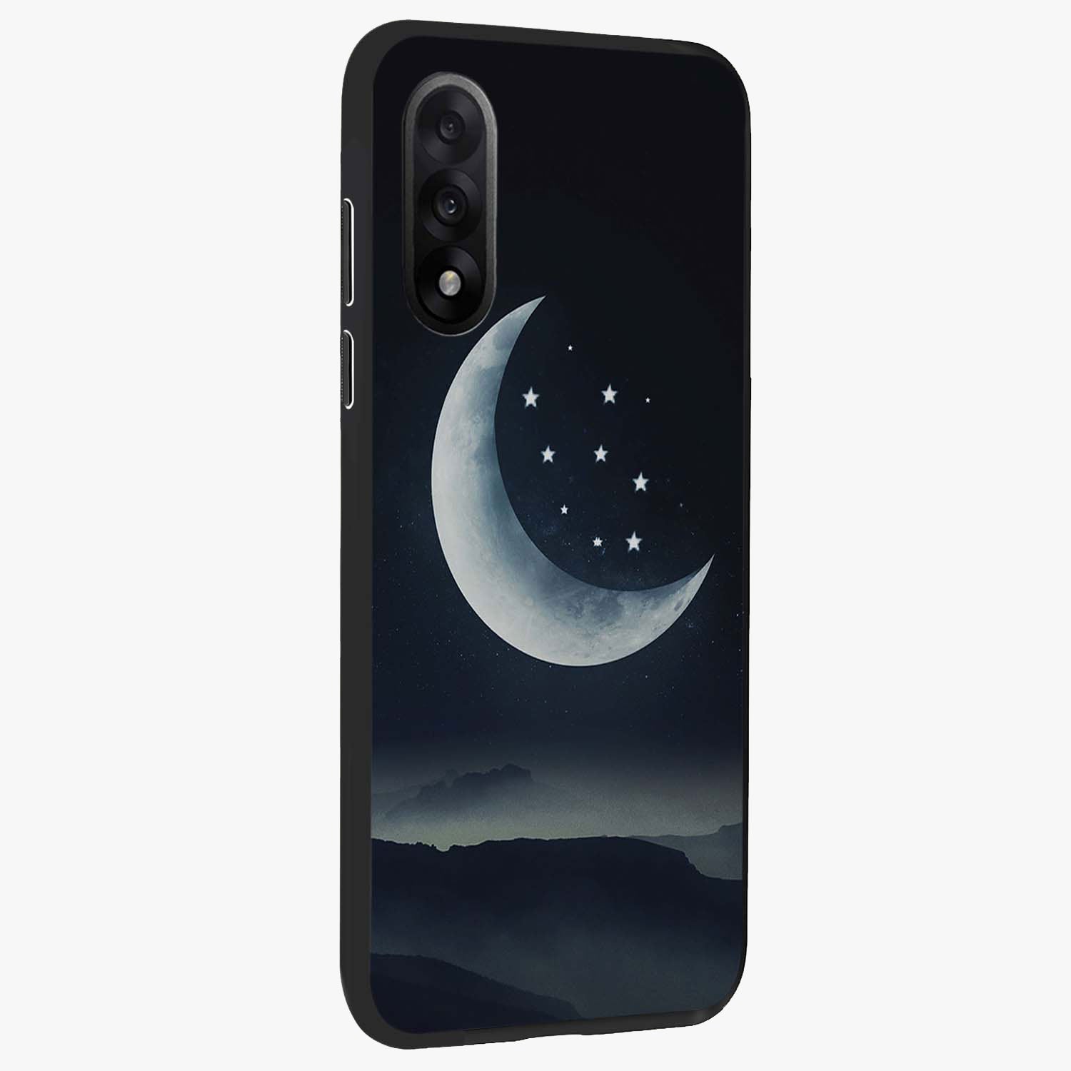 Starry Moon Pattern Glass Case for 1+Nord 5 side perspective highlighting celestial textures and premium edges