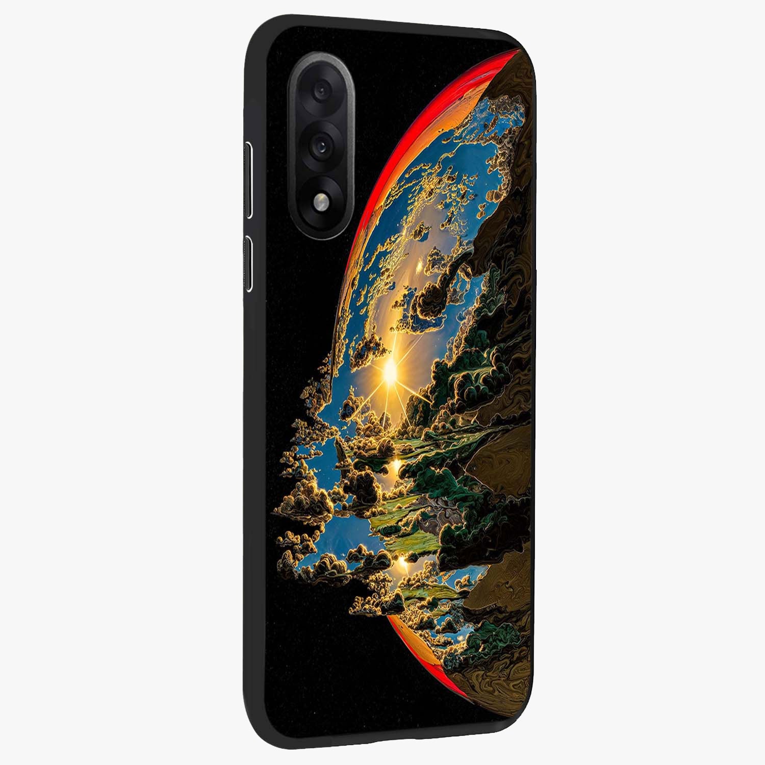 Sunrise Bursting Glass Case for 1+Nord 5 side perspective highlighting glowing sky textures and premium edges