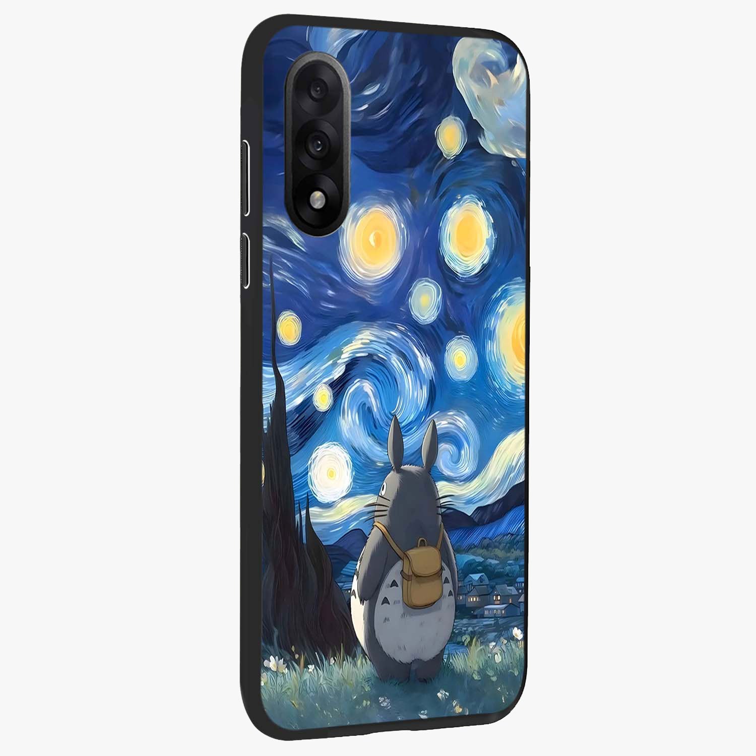 Totoro in Van Gogh Art Glass Case for 1+Nord 5 side perspective highlighting textured artistic patterns and premium edges
