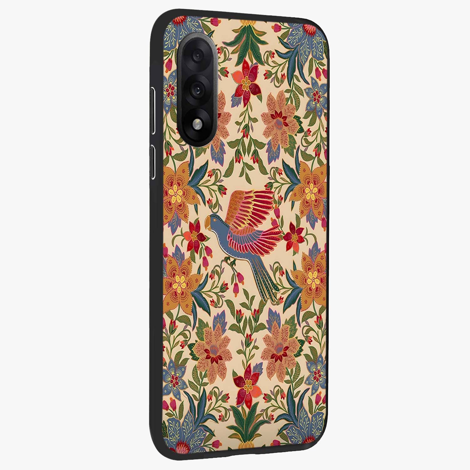 Tropical Folk Art Bird Glass Case for 1+Nord 5 side perspective highlighting detailed feather textures and premium edges