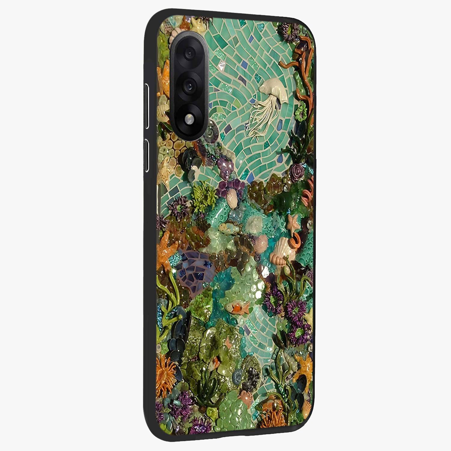 Underwater Mosaic Art Glass Case for 1+Nord 5 side perspective highlighting detailed tile textures and premium edges