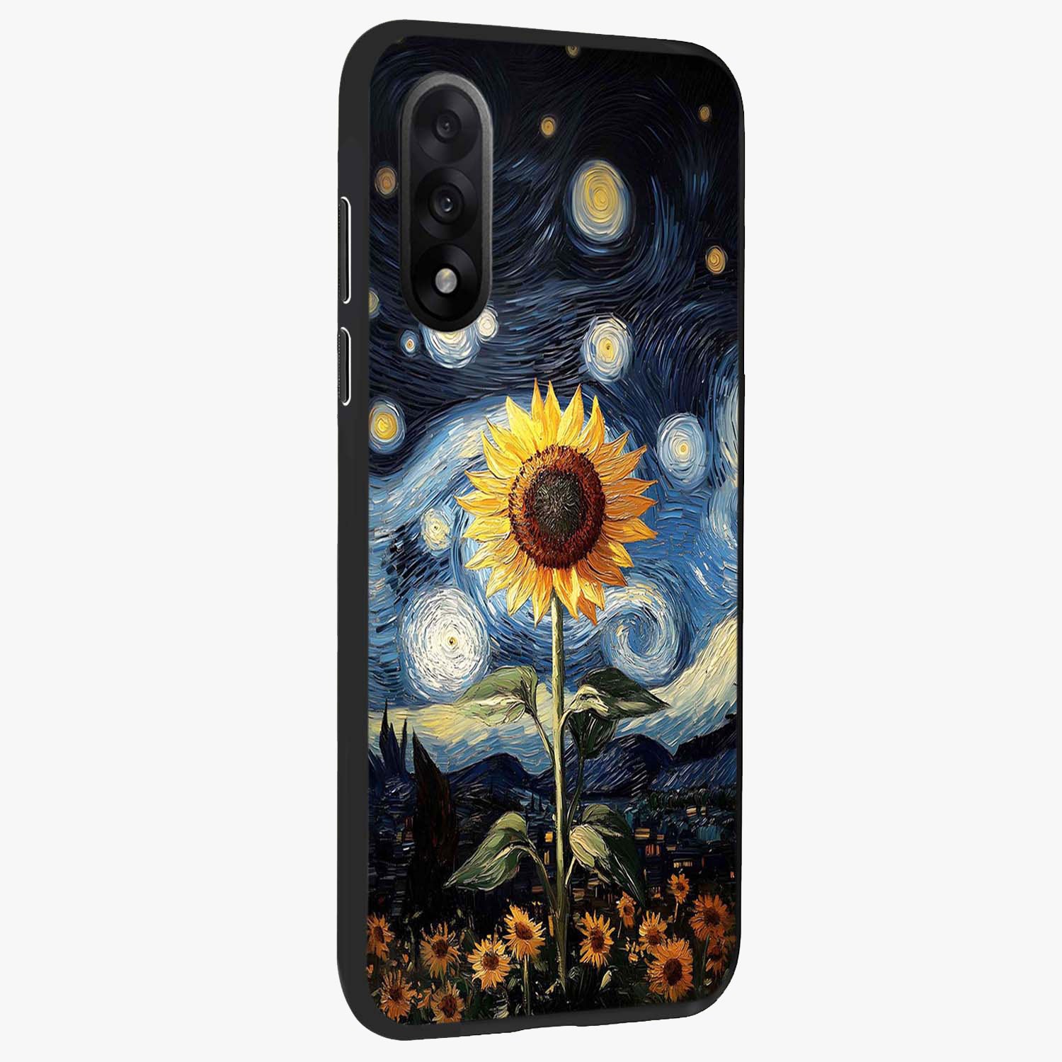Van Gogh Sunflower Glass Case for 1+Nord 5 side perspective highlighting textured brushstroke details and premium edges