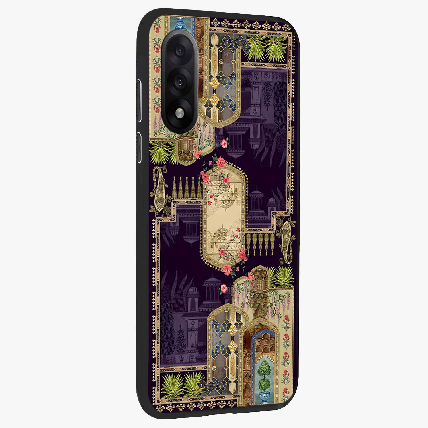 Velvet Mughal Art Glass Case for 1+Nord 5 side perspective highlighting ornate detailing and smooth premium build