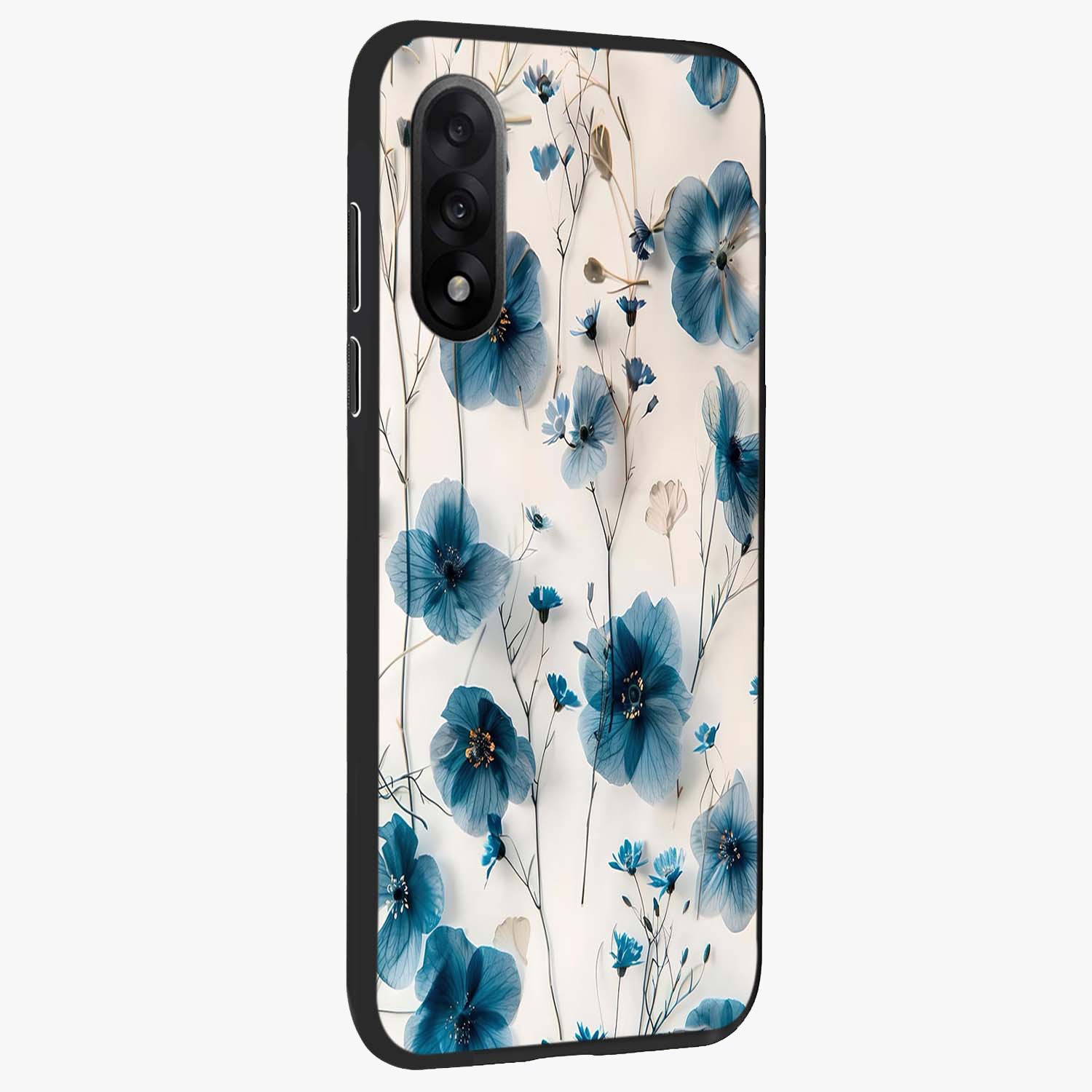 Whispers of Blue Bloom Glass Case for 1+Nord 5 side perspective highlighting intricate bloom textures and premium edges