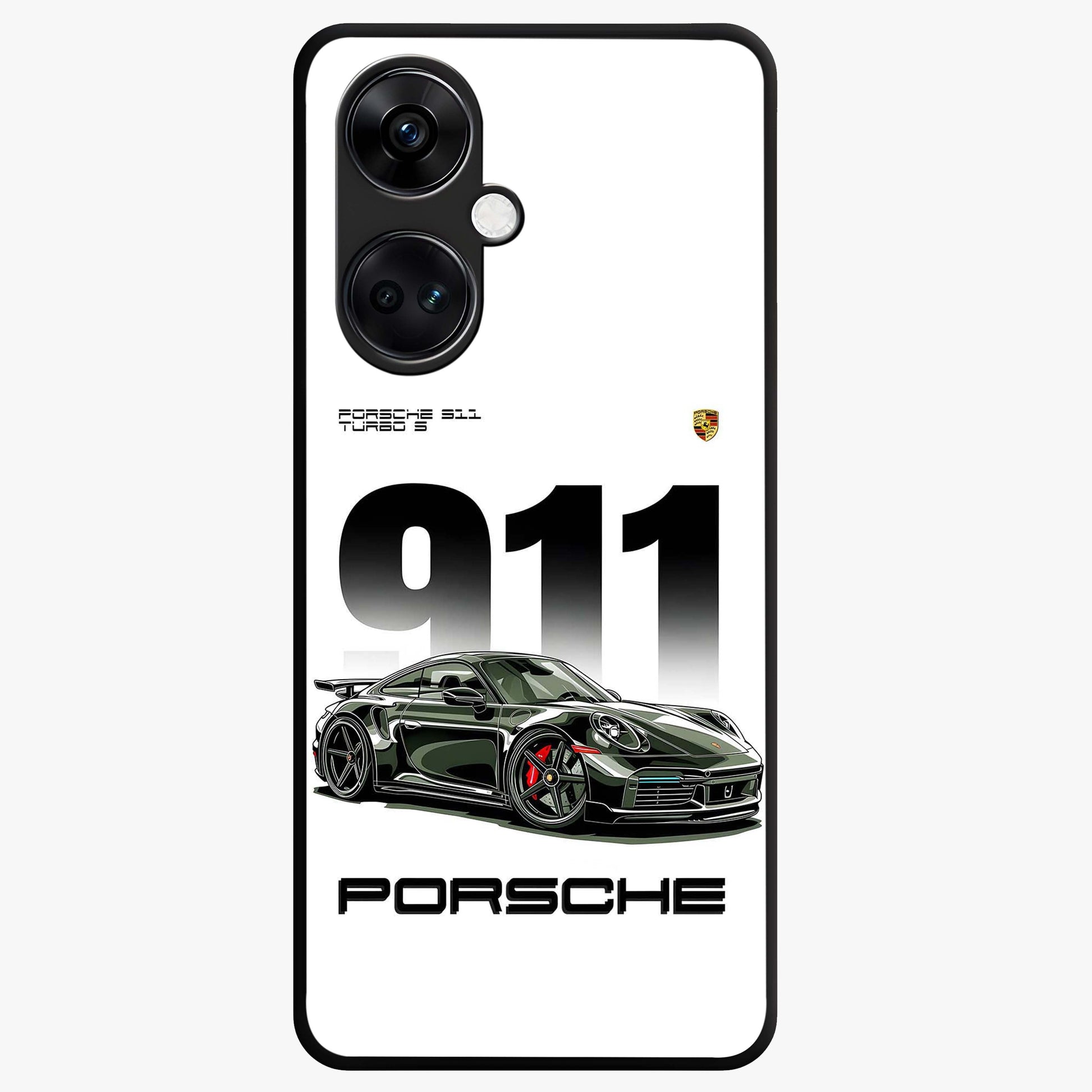 911 Turbo Dominance Glass Case for 1+Nord Ce 3 bold front view featuring large 911 graphic and detailed green Porsche sports car artwork