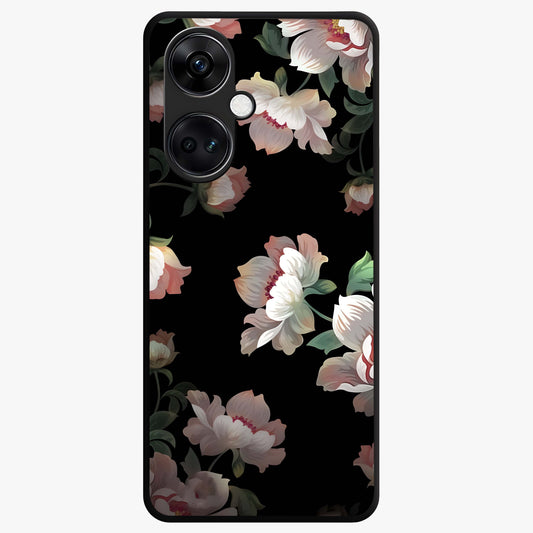 Abstract Embossed Blooming Bright Flower Glass Case for 1+Nord Ce 3 front view featuring vibrant raised floral artwork