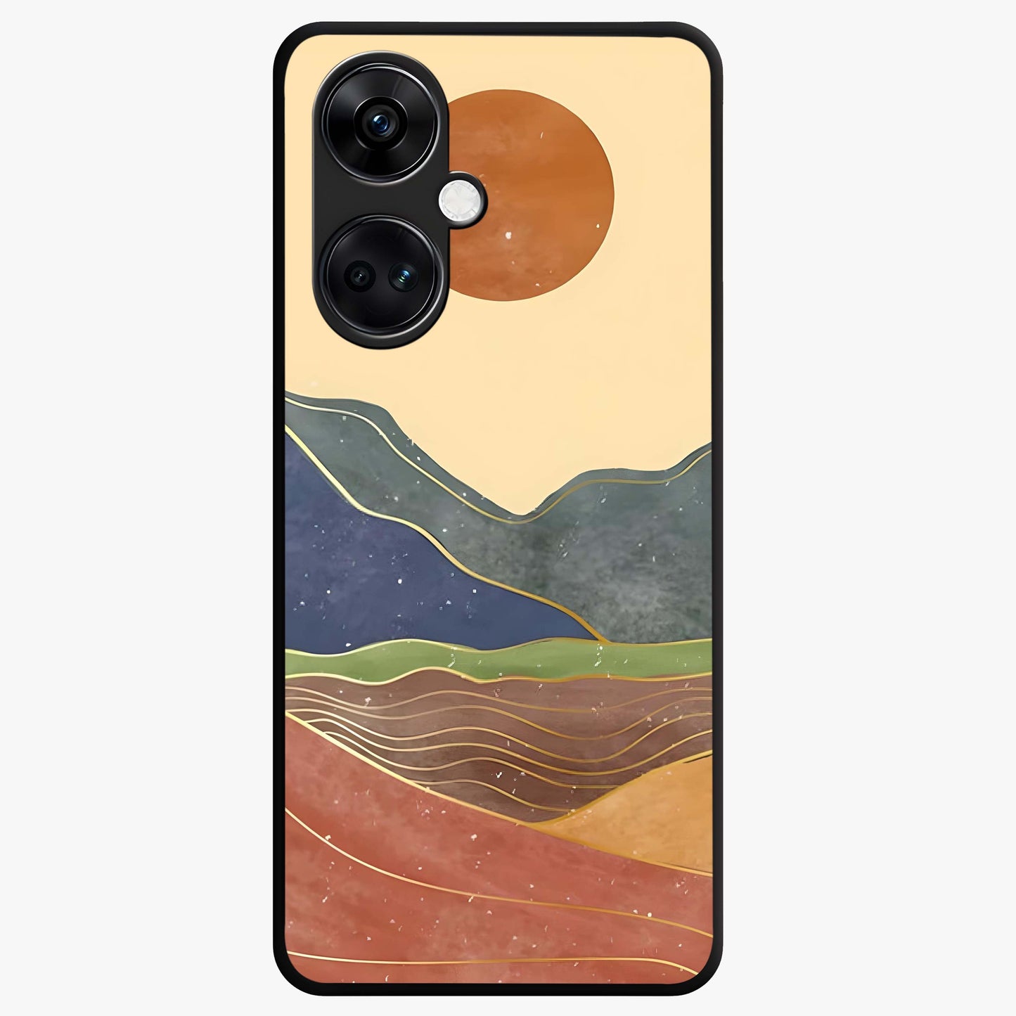 Abstract Mountain Glow Glass Case for 1+Nord CE 3 front view featuring glowing mountain landscape artwork