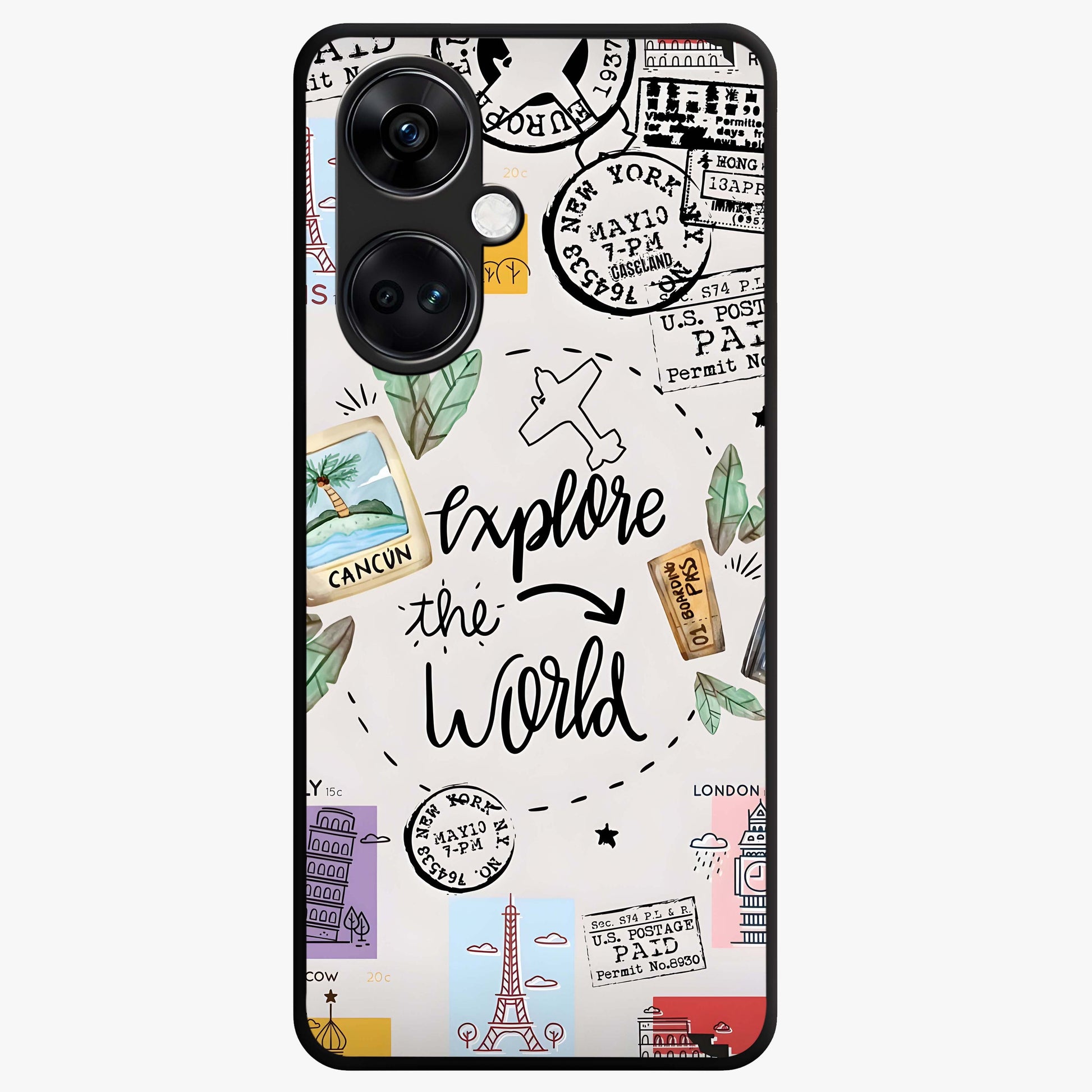 Adventure Awaits Art Glass Case for 1+Nord CE 3 front view featuring bold travel inspired typography artwork