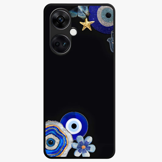 Aesthetic Blue Evil Eye Glass Case for 1+Nord Ce 3 front view featuring vibrant traditional evil eye artwork