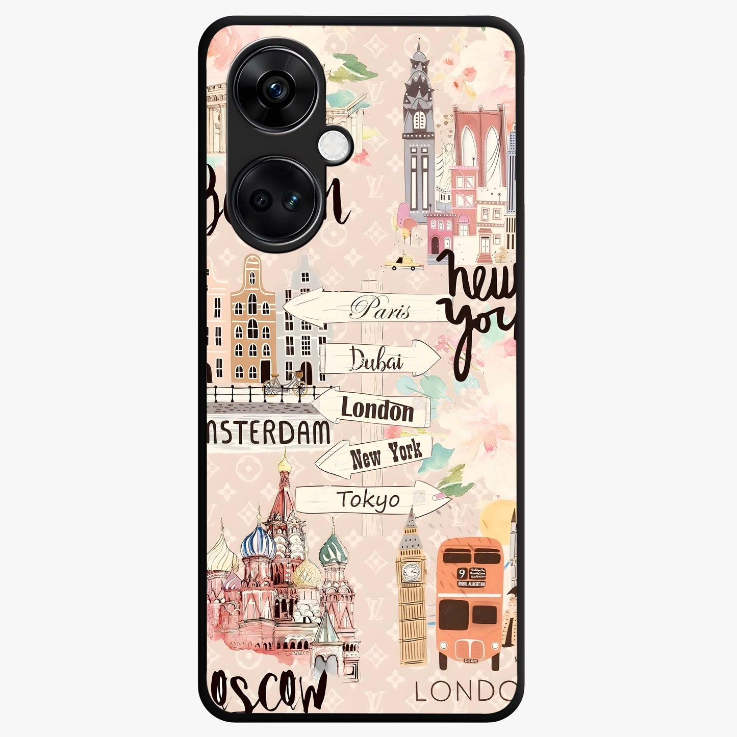 Aesthetic Travel Glass Case for 1+Nord Ce 3 front view featuring wanderlust inspired travel artwork