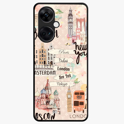 Aesthetic Travel Glass Case for 1+Nord Ce 3 front view featuring wanderlust inspired travel artwork