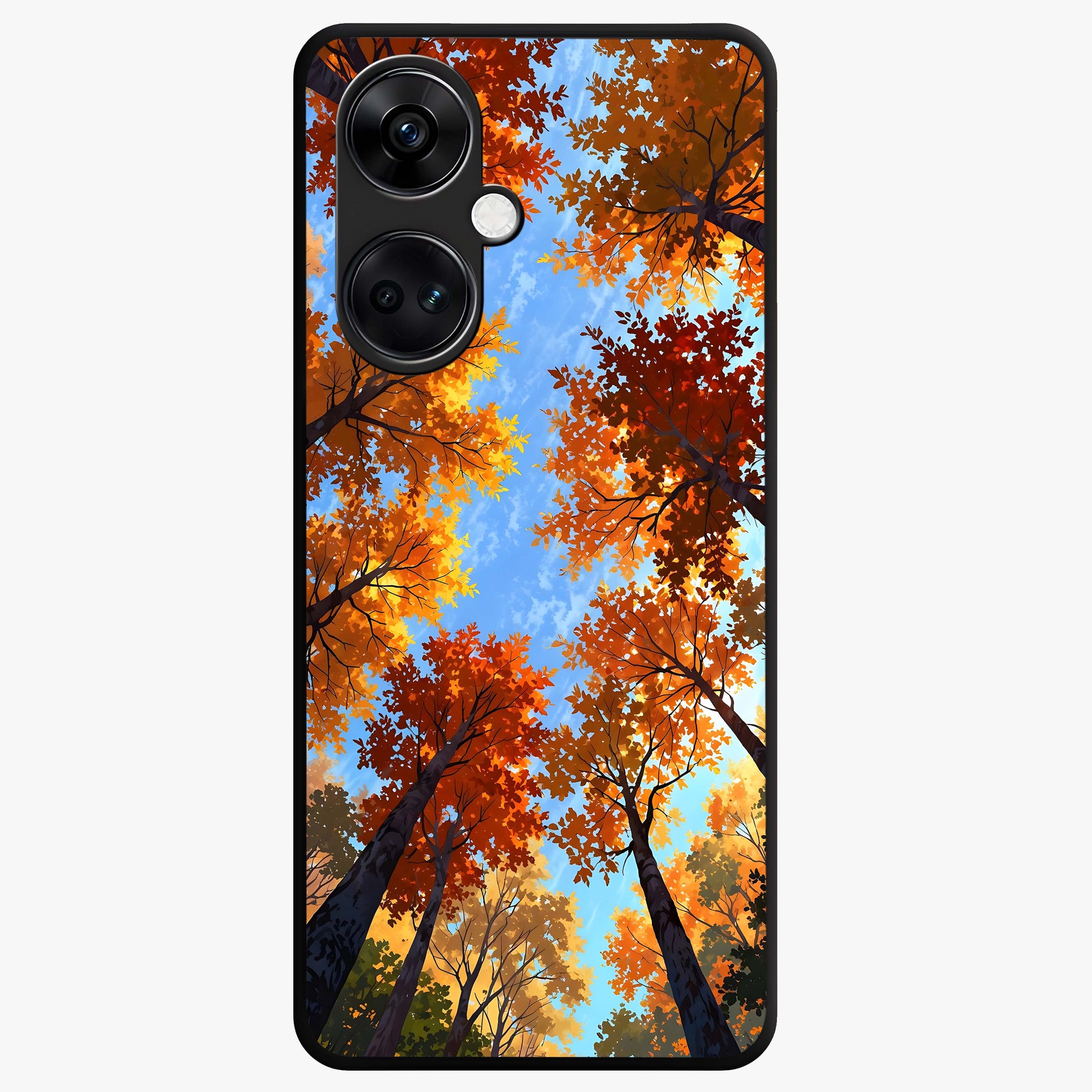 Amber Canopy Glow Glass Case for 1+Nord CE 3 warm front view featuring glowing forest canopy artwork
