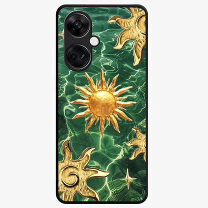 Aqua Sun Mirage Glass Case for 1+Nord Ce 3 vibrant front view featuring aqua blue sun inspired artwork