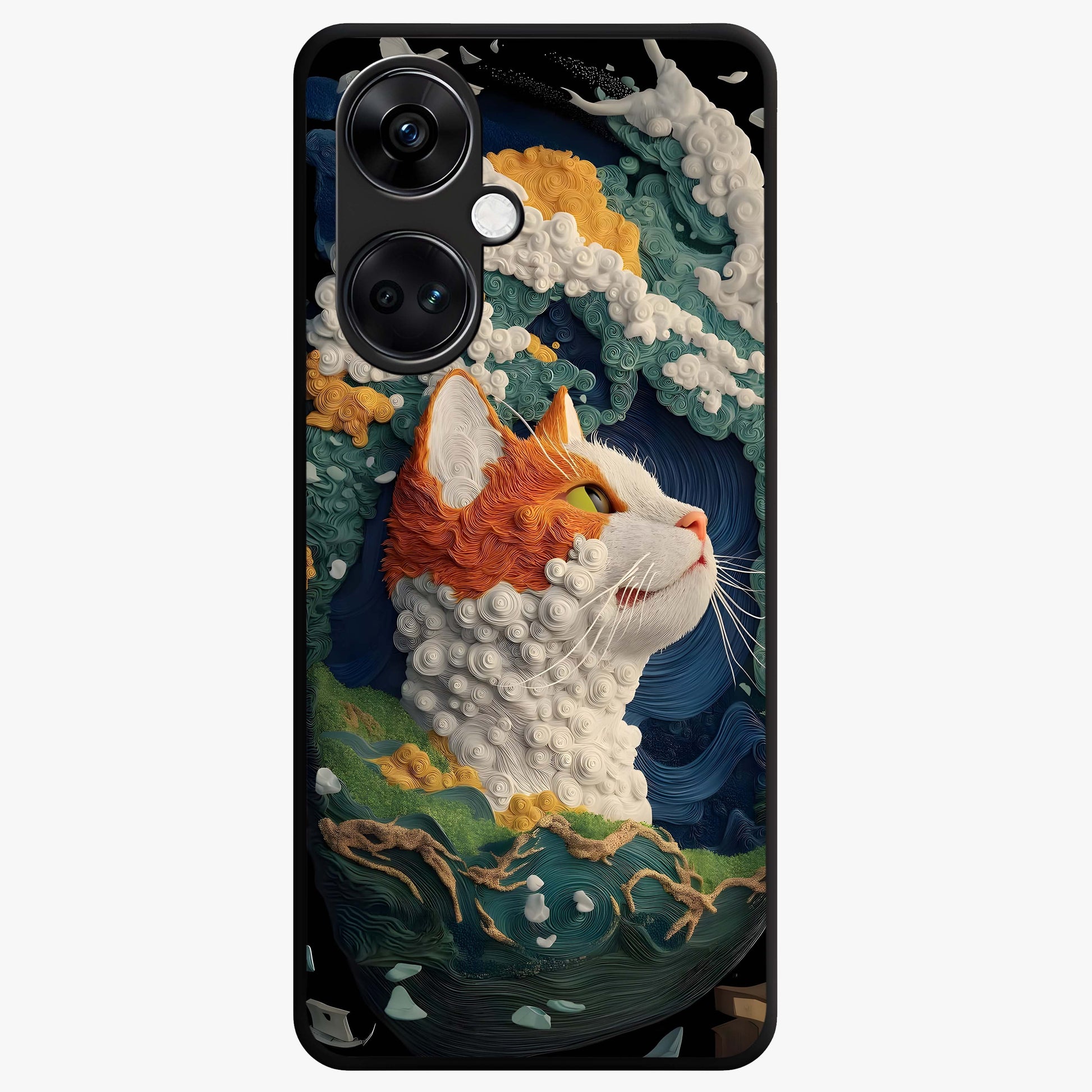 Aurora Cat Dreams Glass Case for 1+Nord CE 3 dreamy front view featuring glowing cat artwork with aurora tones