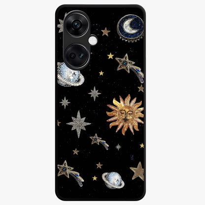 Beaded Cosmic Dreams Glass Case for 1+Nord CE 3 front view featuring celestial bead inspired cosmic artwork