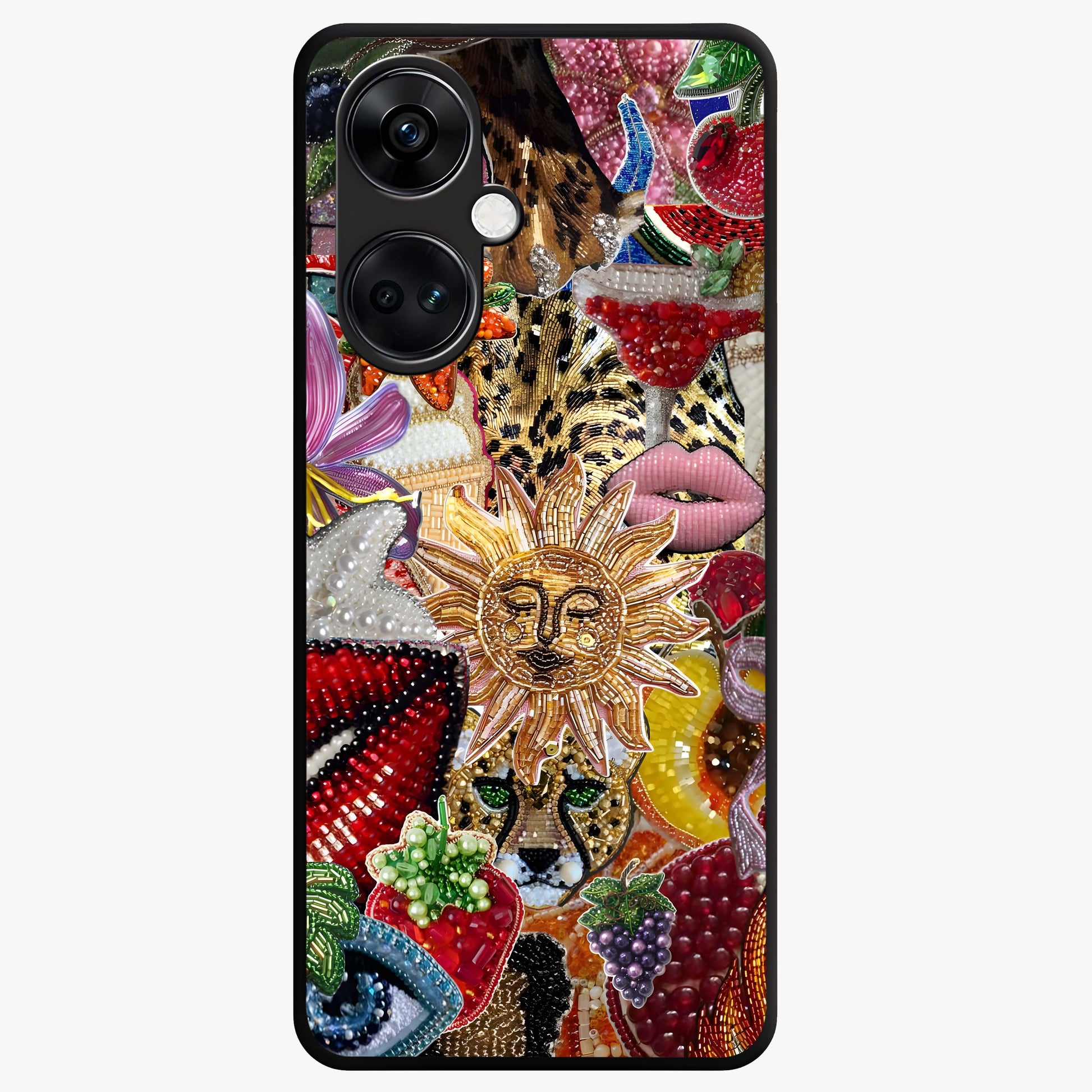 Beaded Fashion Jungle Glass Case for 1+Nord Ce 3 bold front view featuring beaded jungle themed artwork