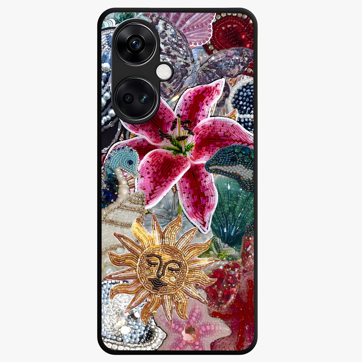 Beaded Garden Fantasy Glass Case for 1+Nord Ce 3 front view featuring colorful beaded floral garden artwork