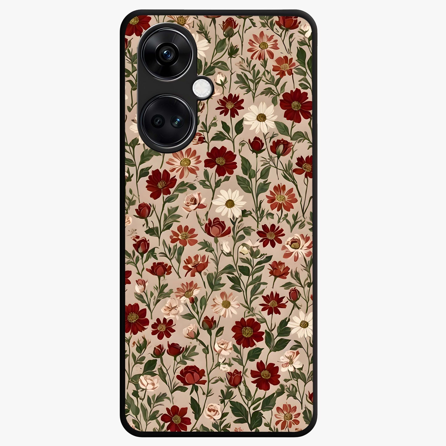 Biege Flower With Leaf Glass Case for 1+Nord CE 3 front view featuring soft beige floral artwork with leaf detailing