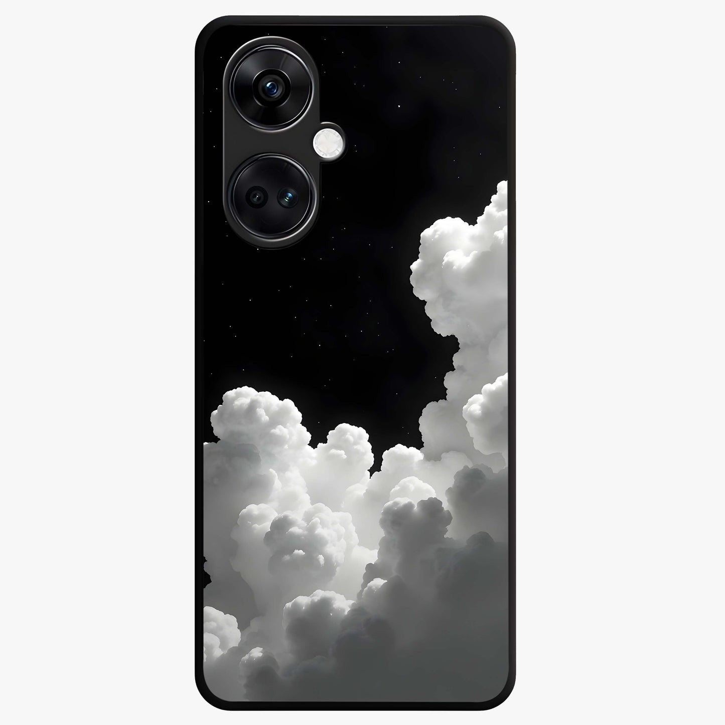 Black Background With White Cloud Glass Case for 1+Nord CE 3 striking front view featuring white cloud artwork on deep black backdrop