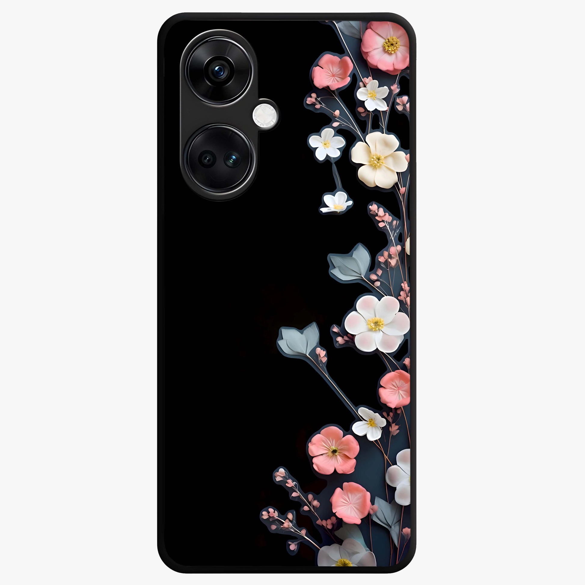 Black Elegance Floral Custom Name Glass Case for 1+Nord Ce 3 luxurious front view featuring floral artwork with personalized name design