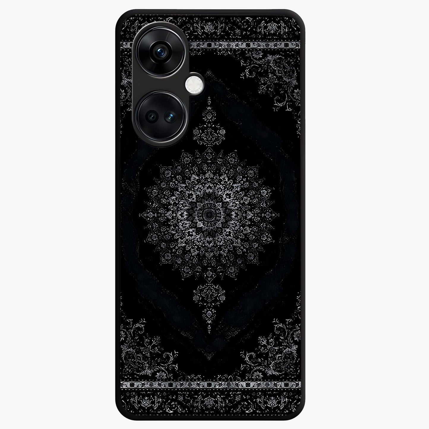 Black Persian Carpet Glass Case for 1+Nord CE 3 rich front view featuring intricate Persian carpet pattern artwork