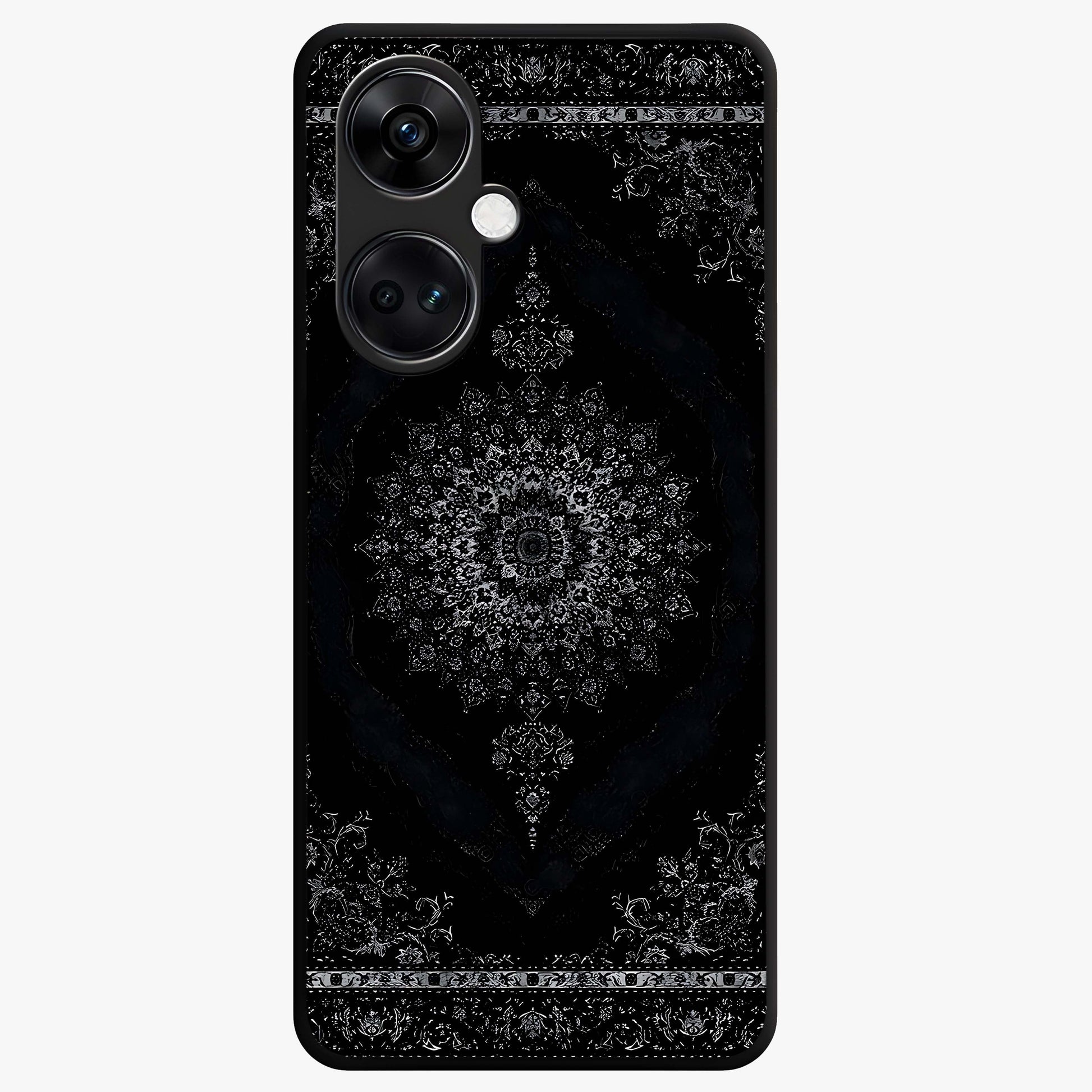 Black Persian Carpet Glass Case for 1+Nord CE 3 rich front view featuring intricate Persian carpet pattern artwork