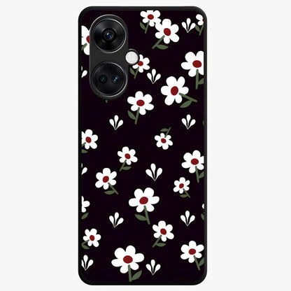 Black Prints Daisy Flower Pattern Glass Case for 1+Nord CE 3 front view featuring white daisy floral artwork on black base