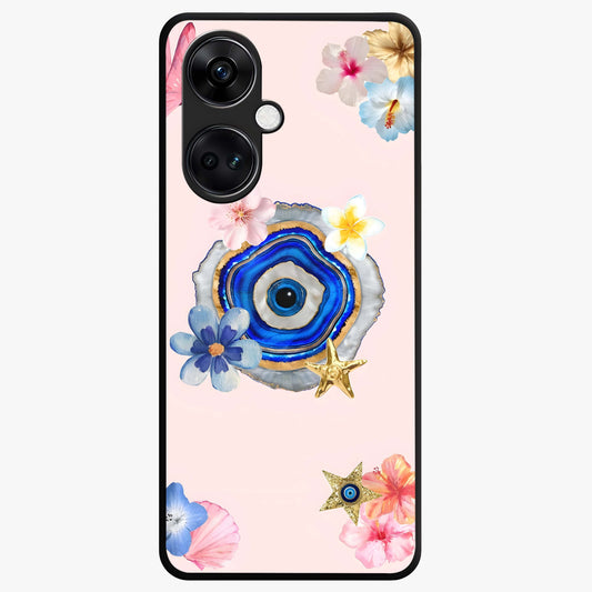 Blossom Evil Charm Glass Case for 1+Nord Ce 3 elegant front view featuring floral evil eye inspired artwork