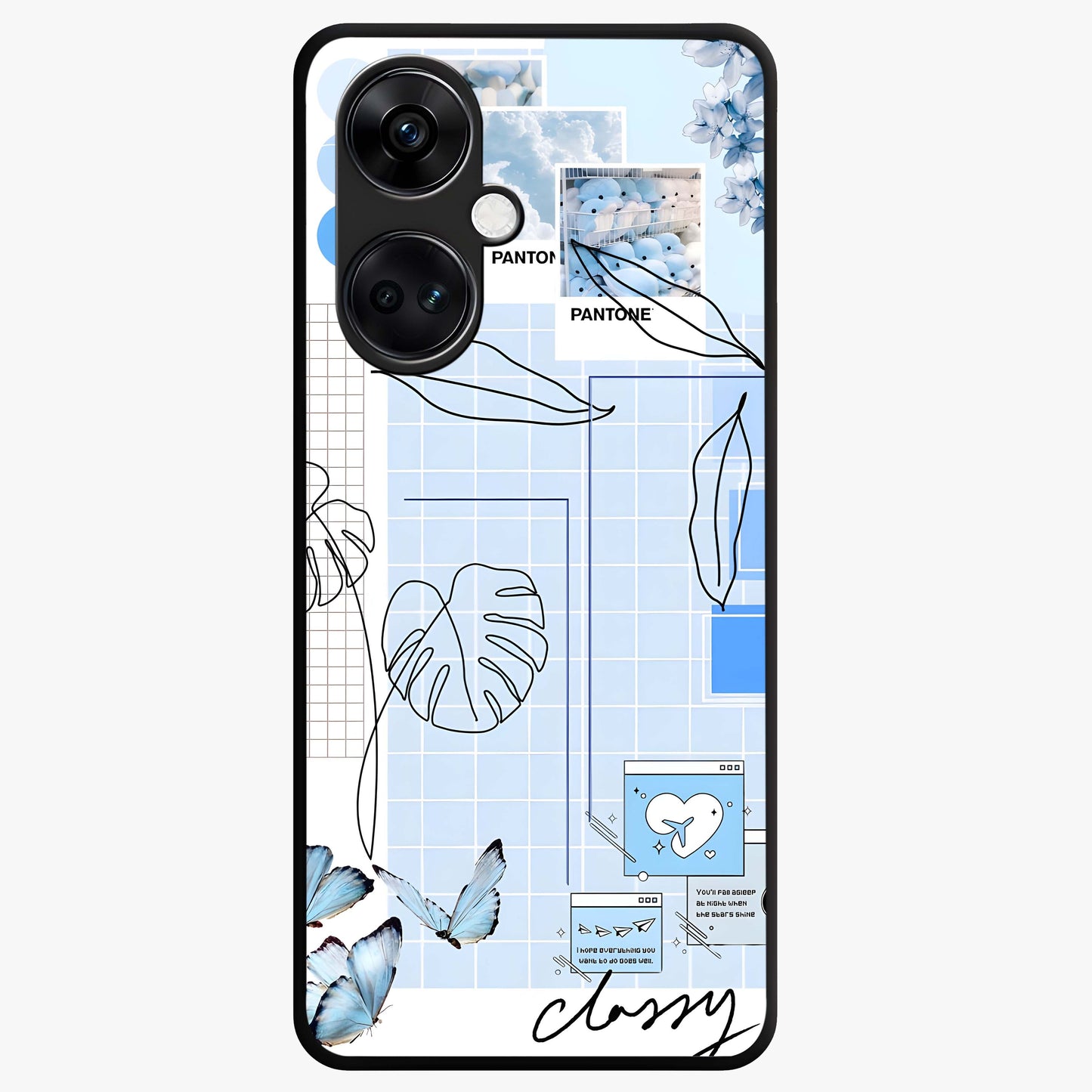 Blue Aesthetic Flower Glass Case for 1+Nord CE 3 elegant front view featuring soft blue floral artwork