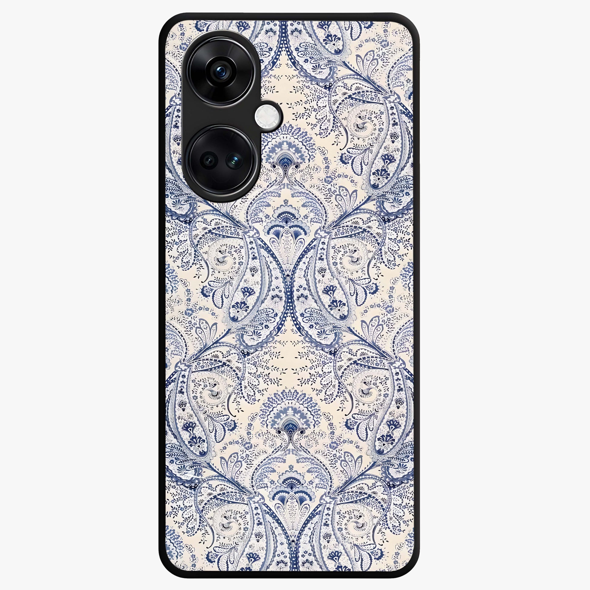 Blue Paisley Bloom Glass Case for 1+Nord Ce 3 intricate front view featuring paisley floral artwork in rich blue tones