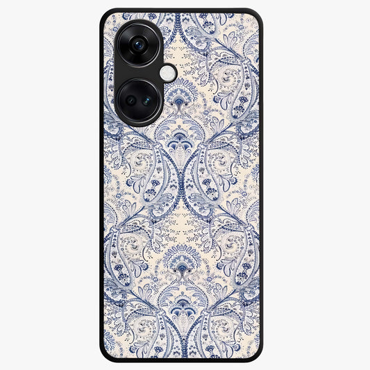 Blue Paisley Bloom Glass Case for 1+Nord Ce 3 intricate front view featuring paisley floral artwork in rich blue tones