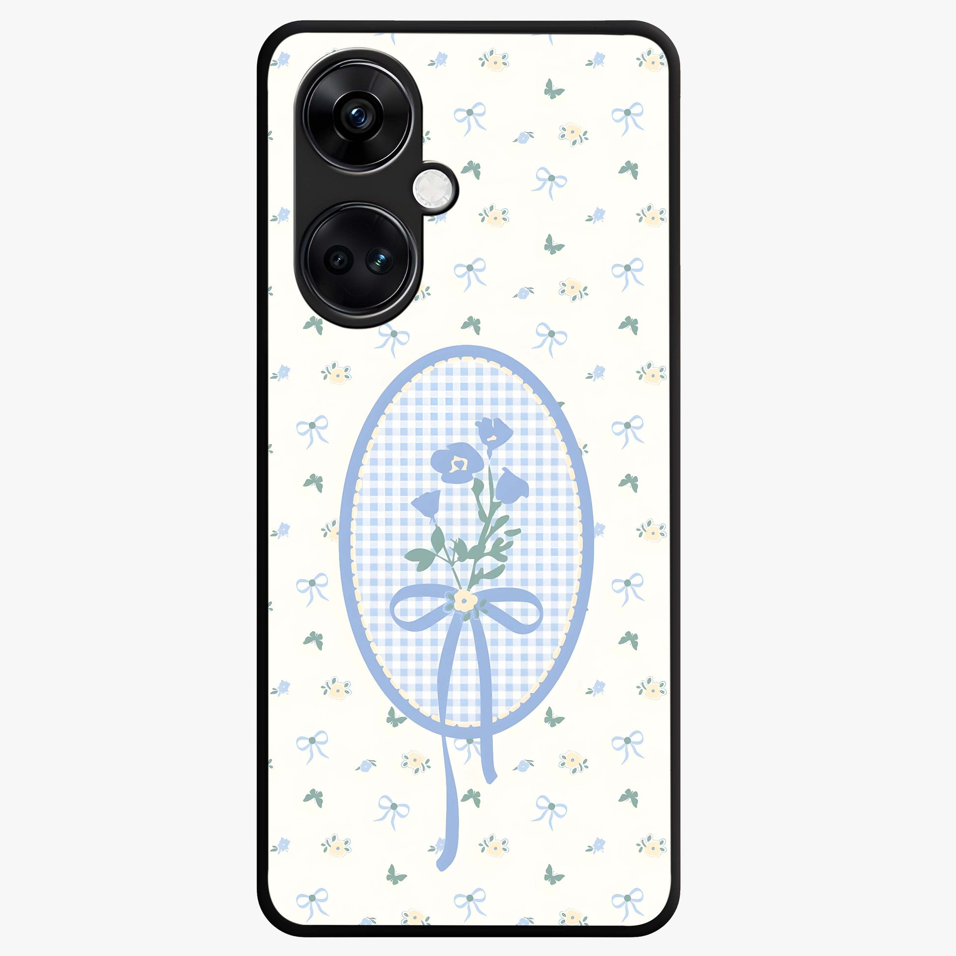 Blue Ribbon Bloom Glass Case for 1+Nord CE 3 elegant front view featuring soft floral artwork with ribbon accents