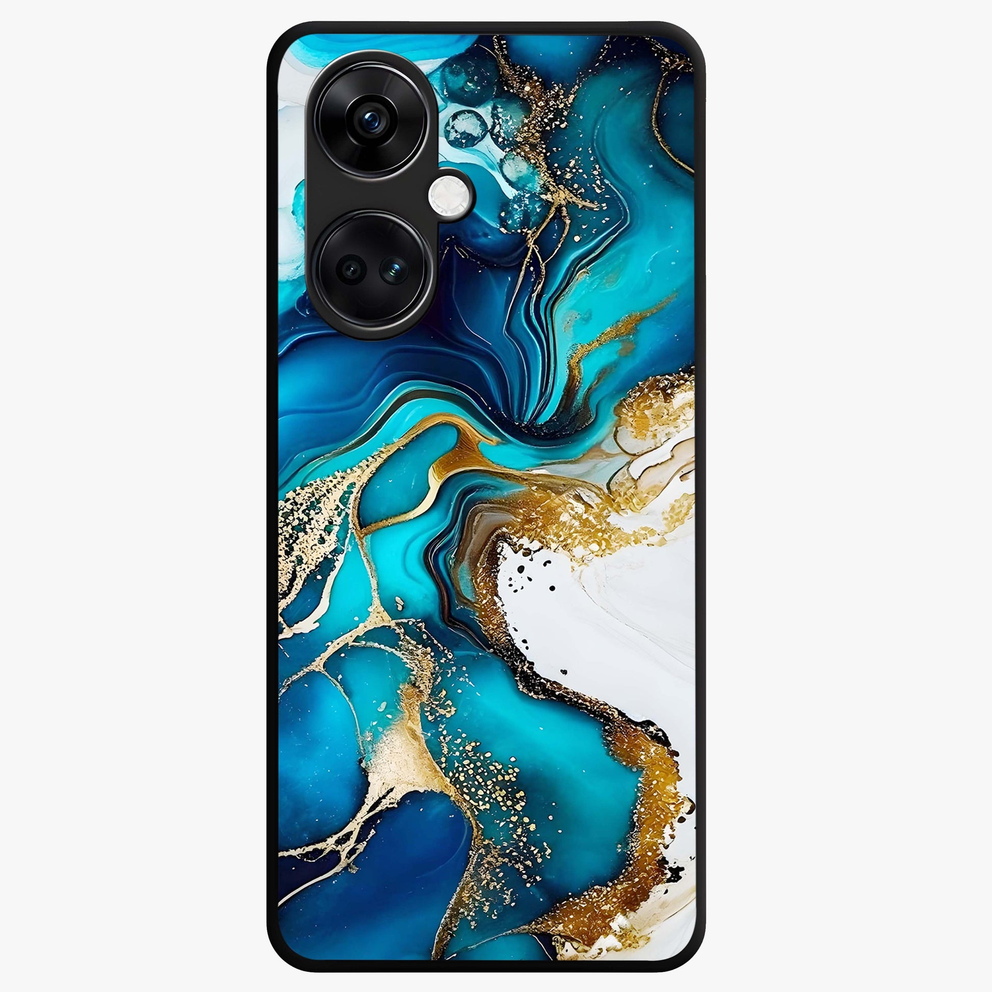 Blue and White Marble With Golden Viens Art Glass Case for 1+Nord Ce 3 luxurious front view featuring marble texture with golden vein detailing