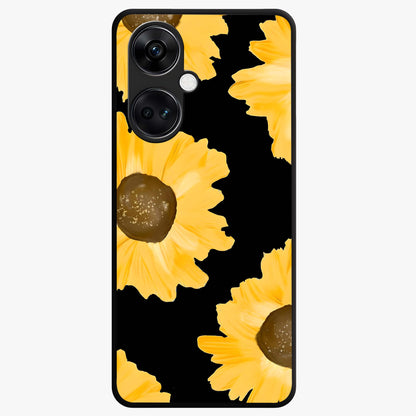 Bold Sunflowers Glow Glass Case for 1+Nord Ce 3 vibrant front view featuring radiant sunflower artwork with warm golden tones