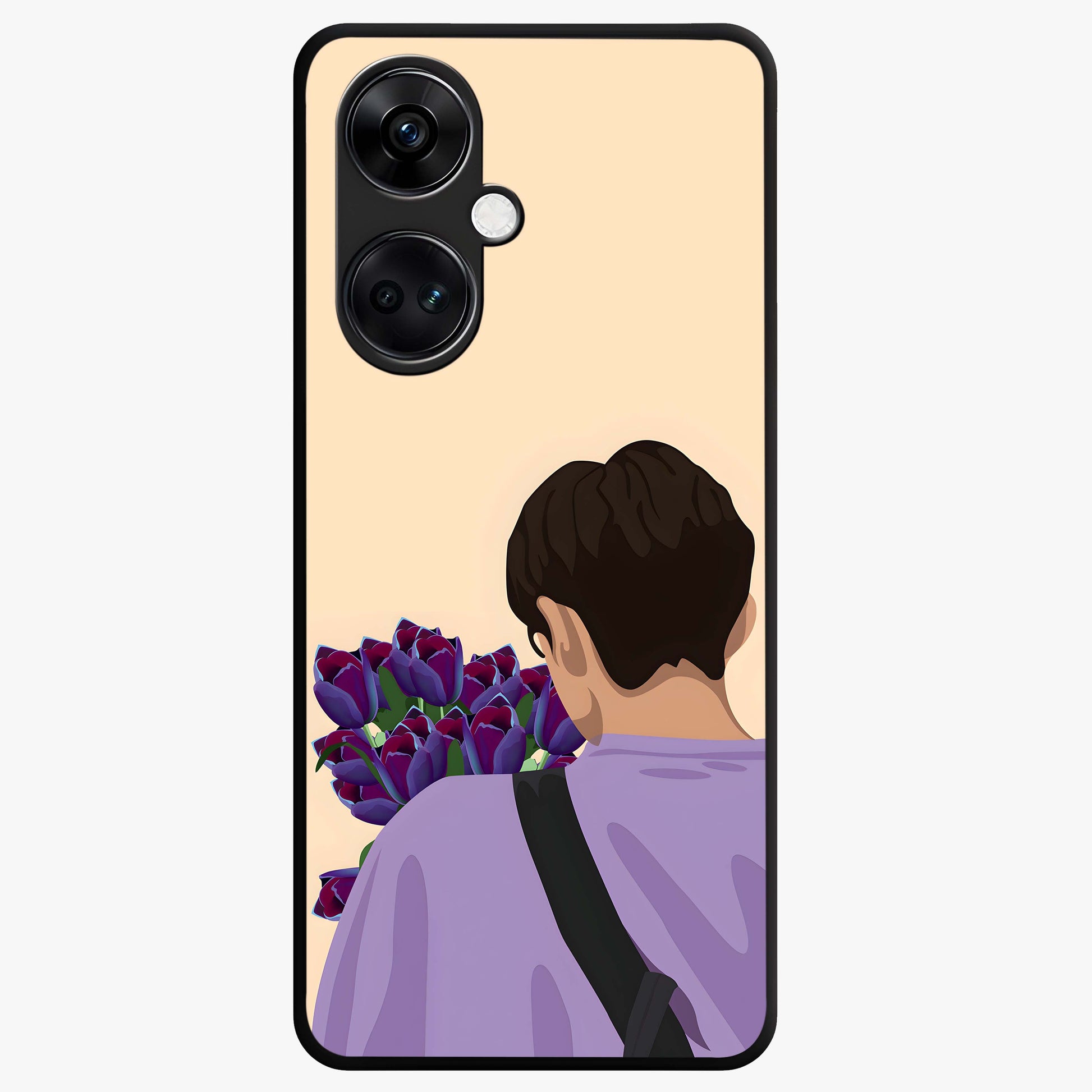 Boy Holding Flowers Glass Case for 1+Nord Ce 3 aesthetic front view featuring soft illustrated character holding floral bouquet