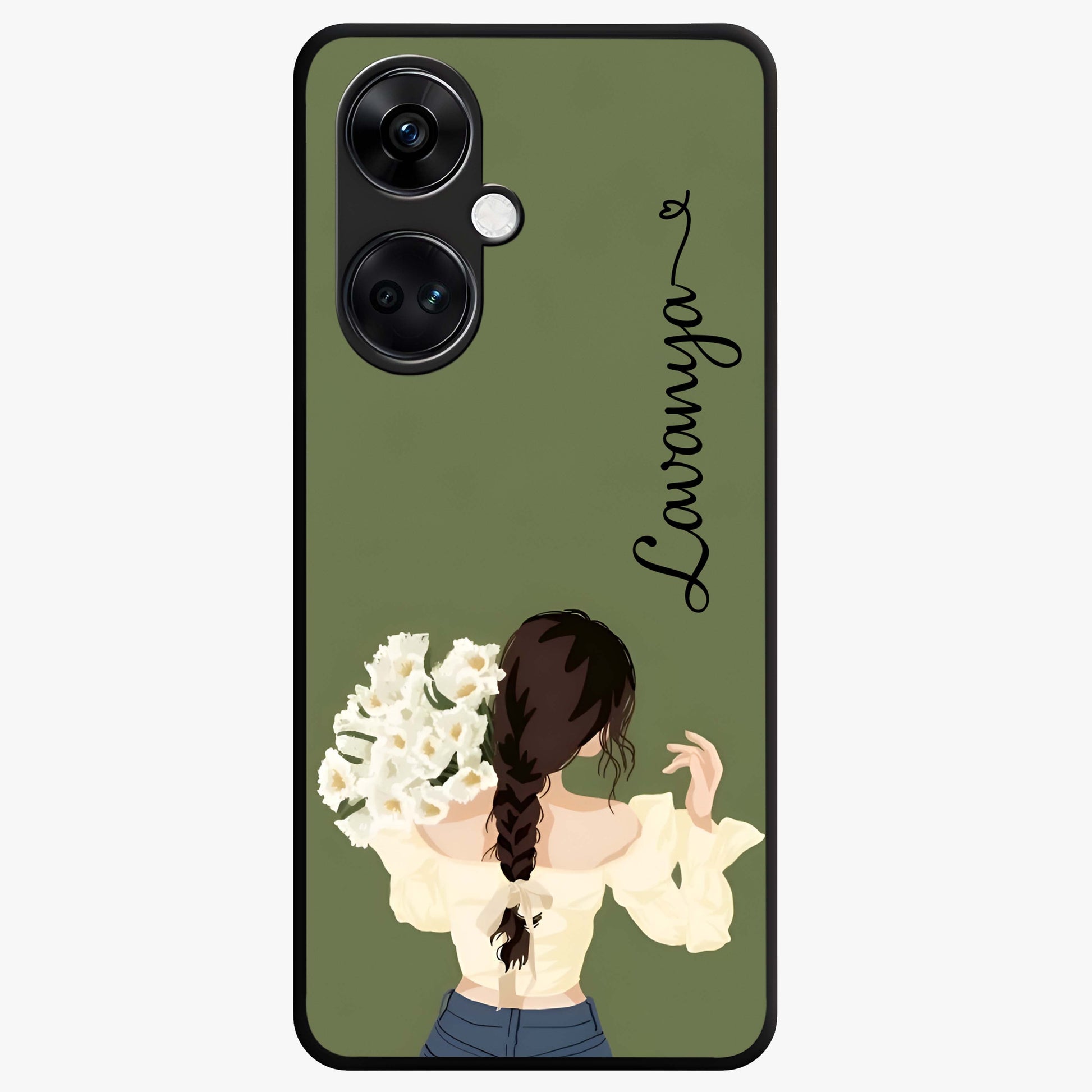 Braided Spring Beauty With Custom Name Glass Case for 1+Nord Ce 3 elegant front view featuring braided floral artwork with personalized name design
